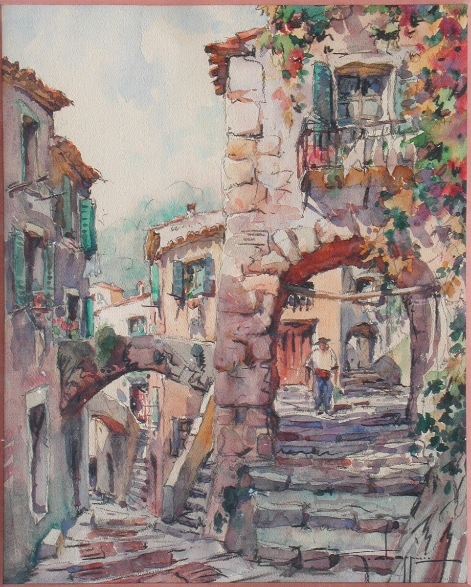 Georges Chappuis "ruelle à Peillon" Watercolor 40x32-photo-4